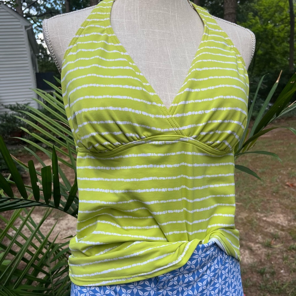 Lands’ End Swim Halter Top, Lime Green + White, Size 14, EUC Beach Travel Vacay
